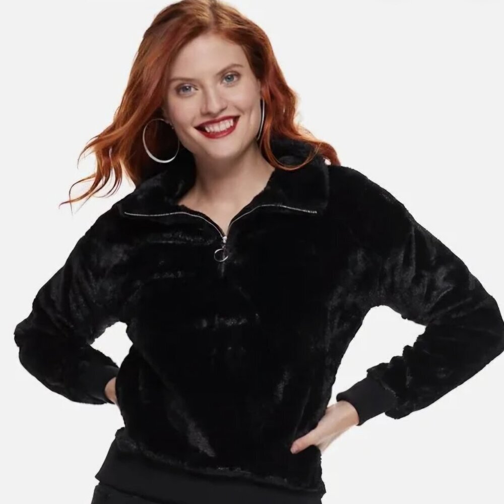 Nine West black quarter zip Fun Cozy Cuddly Fuzzy Warm soft pull over sweater XL